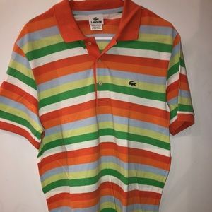 Orange, green, blue, white striped Lacoste polo